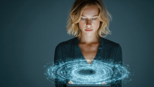 30s business woman holding a tablet surrounded by holographic big data visualizations, futuristic concept of analytics and digital innovation.