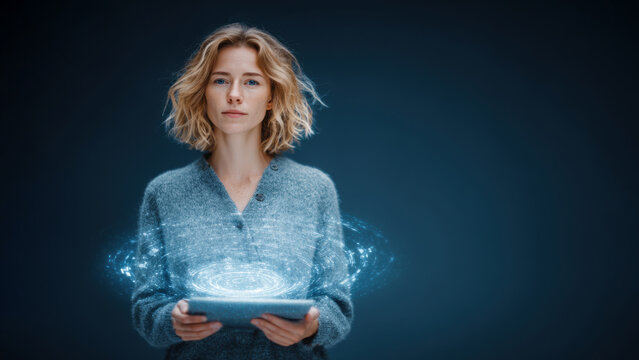 30s business woman holding a tablet surrounded by holographic big data visualizations, futuristic concept of analytics and digital innovation.