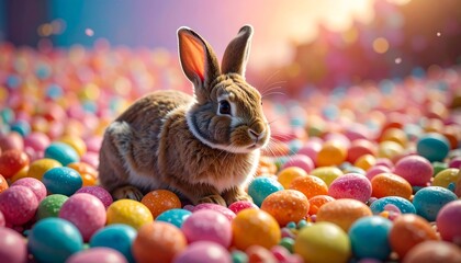 A fluffy brown rabbit sits centered, surrounded by a vibrant field of colorful, speckled eggs under a sunny, bokeh-filled sky