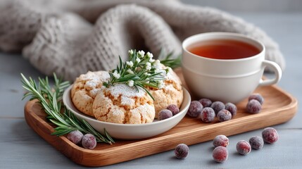 Warm Cozy Morning Scene With Freshly Baked Cookies And A Cup Of Hot Tea Garnished With Rosemary And Cranberries On A Wooden Tray