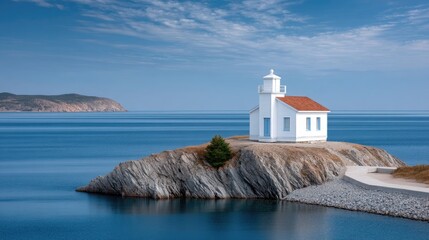 Small white lighthouse building with orange roof sits on a rocky island in a calm blue ocean under a clear sky with distant land visible