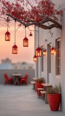 Warm Evening Glow Illuminates Red Lanterns and Red Leafed Tree Branch on a White Building Balcony with Outdoor Seating and Potted Plants