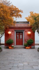 Warm Red Traditional Asian Temple Entrance with Autumn Trees Lanterns and Potted Plants on Cobblestone Path
