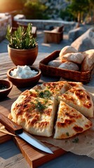 Warm Flatbread With Herbs And Dip Served Outdoors With Baskets Of Bread And A Potted Herb Plant In The Sunlight