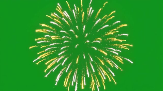 Yellow white firework explosion flashes against green chroma key