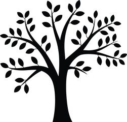 Obraz premium PrintBlack silhouette tree with leaves isolated on white background, nature illustration, eco design element, vector plant graphic art, environment concept