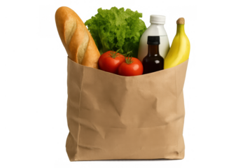 Paper bag with fresh groceries, organic food and produce, supermarket shopping, healthy eating concept on transparent background