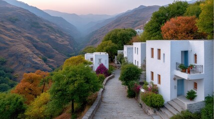 Whitewashed Houses Clinging to a Verdant Mountain Slope Under a Soft Sunset Sky