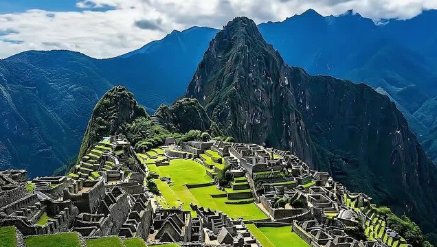 Zooms into ancient Inca ruins as time-lapse clouds move over Huayna Picchu.