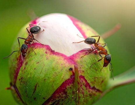 Two ants on a peony bud