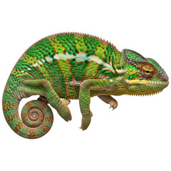 Obraz premium Vibrant green and brown chameleon with a coiled tail, a captivating reptile