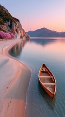 Wooden Canoe Resting On Sandy Beach At Sunset With Soft Pink Sky And Calm Water Reflecting Soft Light Overlooking Mountains And Rocky Shoreline With Pink Flowers