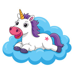 Cartoon unicorn lying on cloud vector illustration isolated on white background perfect for dreamy fantasy magical creature kids themed creative designs