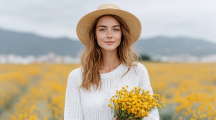 Young Woman in White Sweater and Straw Hat Holding Yellow Flowers in a Vast Sunflower Field Under a Cloudy Sky with Mountains in the Distance