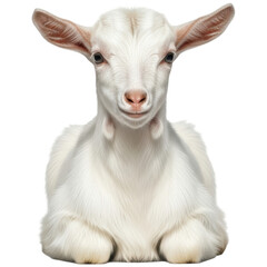 Obraz premium Adorable white baby goat with soft fur looking directly at the camera
