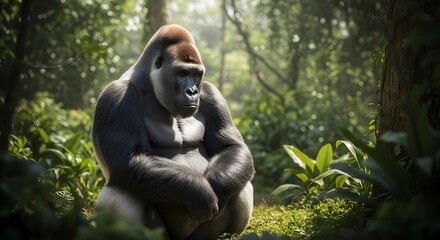 Naklejka premium Majestic Silverback Gorilla Relaxing in Lush Green Forest Sunlight Dappled Jungle Canopy