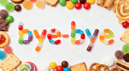 lots of sweet candies and snacks form the bye-bye letter on a white background