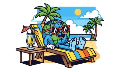 Obraz premium Happy Earth Globe Relaxing on Beach Chair with Cocktail.