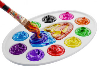 Paintbrush mixing vibrant colors on an artists palette isolated on transparent background