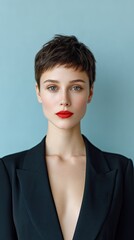 Young Woman With Pixie Cut And Red Lipstick Wearing A Black Blazer And Blue Background Studio Portrait