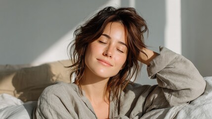 Young Woman With Sparkles In Hair Relaxing In Sunlight With Eyes Closed Wearing A Sparkly Top Against A Blurred Background