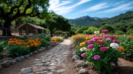 Vibrant Flower Garden Path with Colorful Zinnias and Orange Marigolds in Bloom Under a Sunny Blue Sky with Distant Mountains