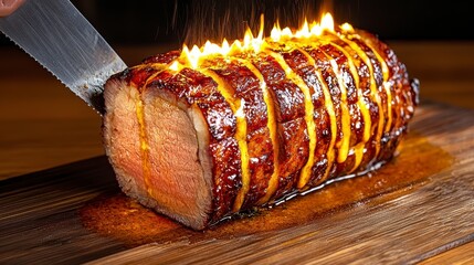 Flambéed Roast Beef on Wooden Board