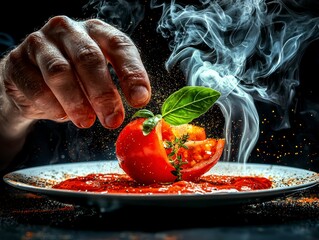Chef's Hand Placing Tomato on Spicy Sauce with Smoke and Spices