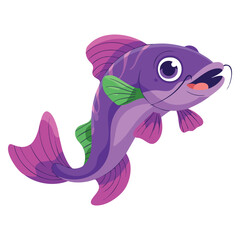 Giant catfish with purple mustache smiling face vector illustration art doodle icon image kawaii perfect for cute animal cartoon or aquatic themed design