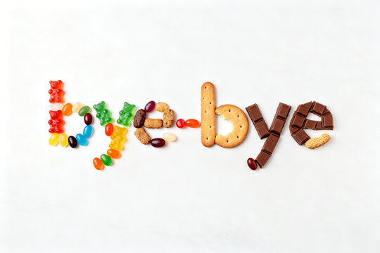lots of sweet candies and snacks form the bye-bye letter on a white background