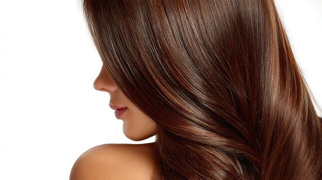 Close-up of beautiful brown hair flowing gracefully in soft light.