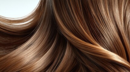 Close-up view of flowing, shiny, healthy brown hair with natural waves and shine.