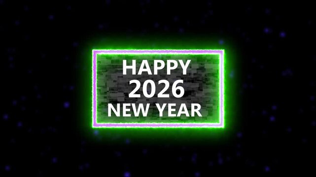 Happy New Year 2026 Seamless Light Green Loop   and Black particles sparkle and fly, glittering light beams create festive celebration background.
