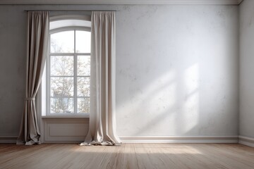 Fototapeta premium Sunlight streams through a tall arched window with beige curtains into an empty room.