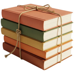 Stack of five colorful hardcover books tied with rustic twine, symbolizing knowledge