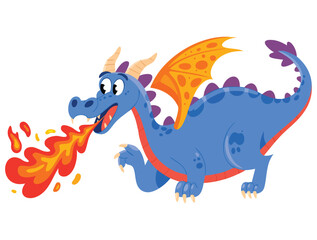 Illustration of blue dragon blowing fire fantasy themed vector design suitable for cartoon character mythical creature or fiery monster creative artwork