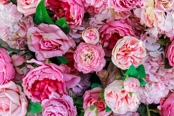 close-up view of pink and light pink roses blooming together, showing soft petals and green leaves in a vibrant floral arrangement