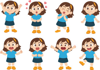 PrintCartoon girl character, emotional expressions, playful poses, cute outfit, child illustration, animated emotions, vector art, kids design, happy mood