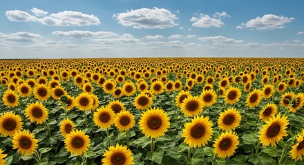 Fototapeta premium Vast Sunflower Field Under a Blue Sky with Fluffy Clouds.
