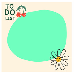 Post-it notes, to-do list, pastel yellow and green, with cherries and daisies on the sides.