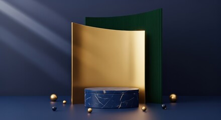 Elegant podium with marble texture, gold and green curved panels, and decorative spheres, luxurious product display