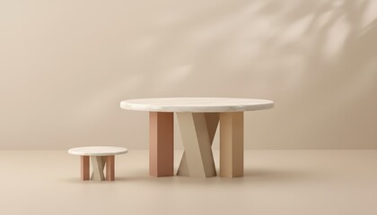 Minimalist modern furniture design with two round tables of different sizes, featuring geometric legs in pastel colors, set against a neutral background with soft shadows