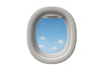 Airplane window with blue sky and white clouds view, transparent background, travel concept