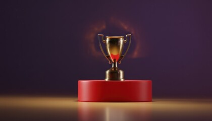 Golden trophy on a red podium with a dramatic background, symbolizing achievement and victory