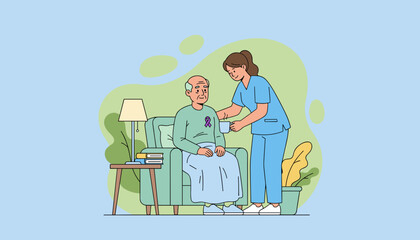 Professional caregiver assists senior patient with disease awareness ribbon in comfortable home setting