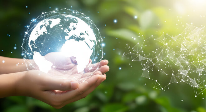 A person's hands holding a glowing digital globe, symbolizing global sustainability and a green future.