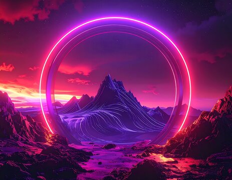 Surreal landscape with ring of neon light encircling a mountain range