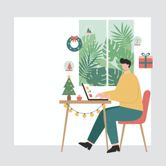 Remote worker using laptop at a Christmasdecorated desk with a tropical view Holiday business concept