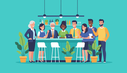 Diverse coworkers enjoying a casual office break or networking event near a bar counter