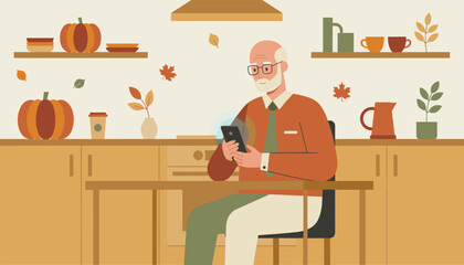 Senior man uses smartphone in a cozy autumn kitchen setting Technology digital lifestyle and retirement
